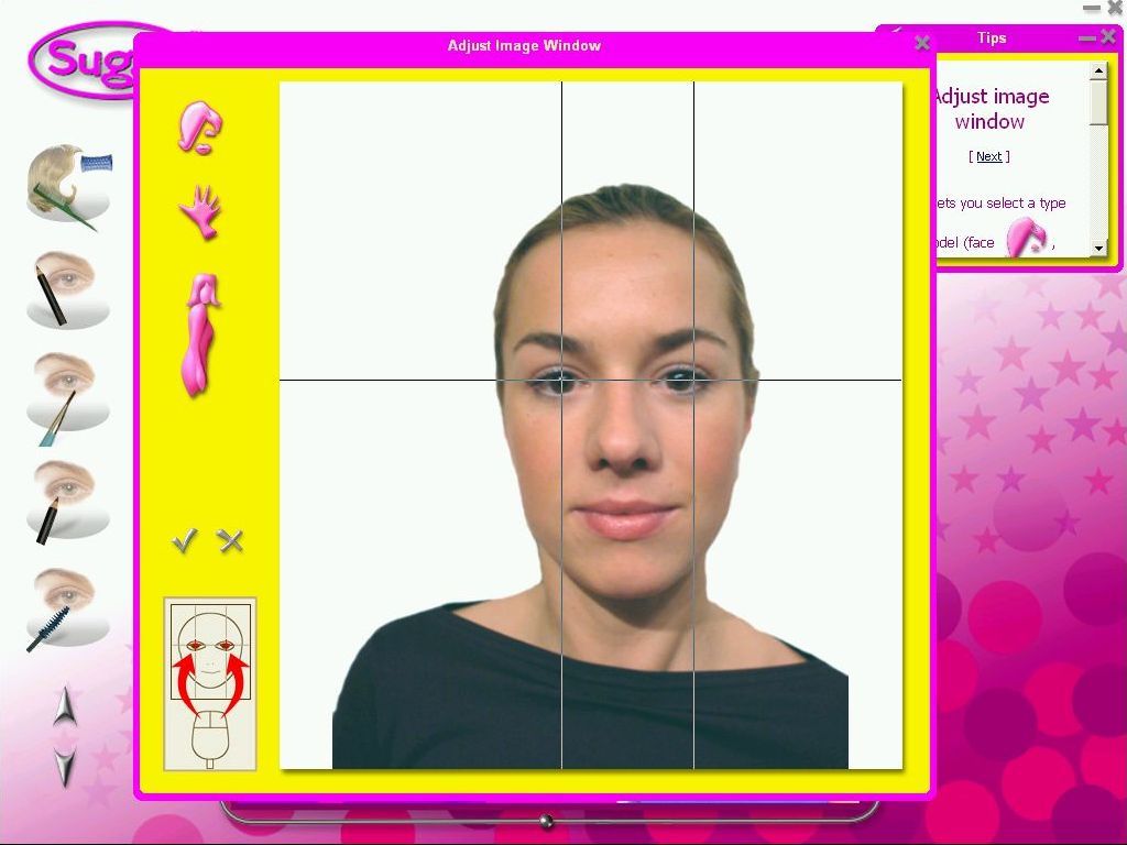 Sugar: Virtual Makeover (Windows) screenshot: Centring the image, i.e. telling the program where the eyes are, is very important because this seems to determine where other layers are placed