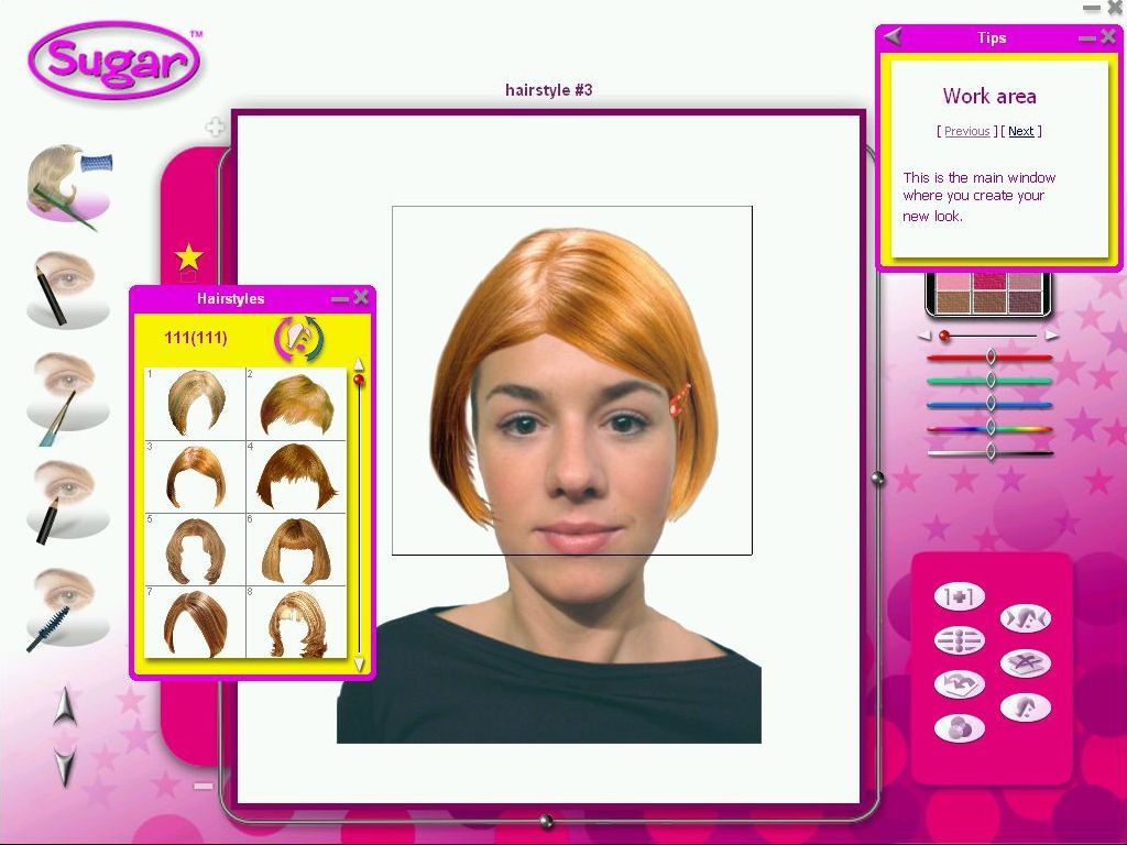 Sugar: Virtual Makeover (Windows) screenshot: Here I've added a new hairstyle from the picklist on the left. The fit is not perfect but that was corrected by grabbing the left border and moving it inwards