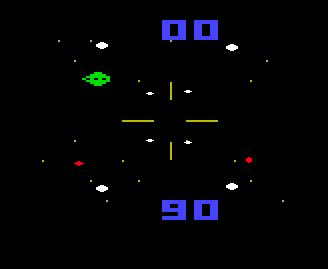 Cassette 19: Outer Space Combat (1292 Advanced Programmable Video System) screenshot: Duel in outer space (For two players). One player controls the green spacecraft while the other moves the crosshairs and fires shots against it.