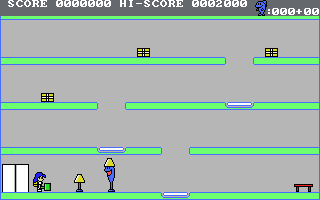 Cookie Delivery (DOS) screenshot: Entering the level; ghosts pop out of furniture and need to be smashed