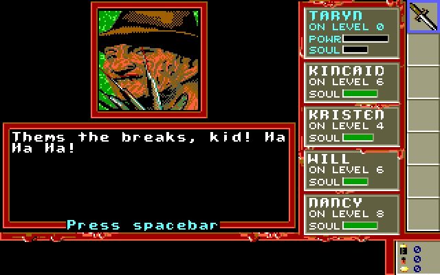 A Nightmare on Elm Street (DOS) screenshot: Great, Just Great... Freddy killed me, time to reload that save game...