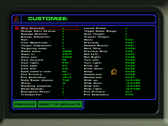 Star Trek: Starfleet Academy (Windows) screenshot: Key controls can be customized