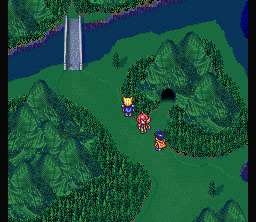 Chō Mahō Tairiku Wozz (SNES) screenshot: Reaching a cave and a bridge