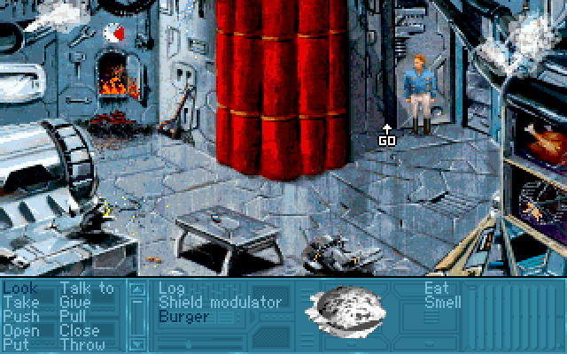 Rex Nebular and the Cosmic Gender Bender (Windows) screenshot: The hamster is powering the entire spaceship, the miracle of technology
