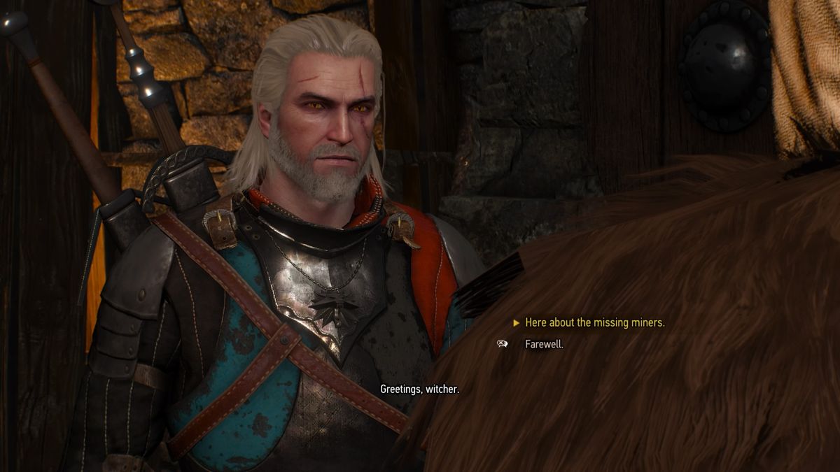 The Witcher 3: Wild Hunt - New Quest: "Contract: Missing Miners" (PlayStation 4) screenshot: Inquiring about the missing miners