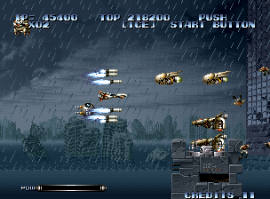 Last Resort (Neo Geo) screenshot: The ship fires several missiles at enemies