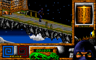 Last Ninja 3 (Amiga) screenshot: The bridge will lead you to other side of the building.
