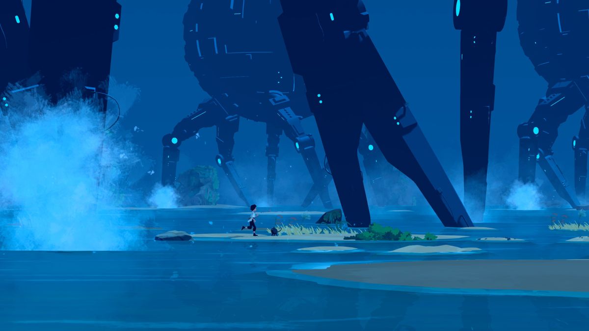 Planet of Lana (Windows) screenshot: Running through giant robots.
