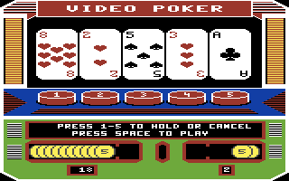 Las Vegas Video Poker (Commodore 64) screenshot: Hmmm...what should I do with this hand?