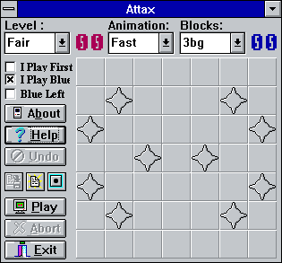 Attax95 (Windows 3.x) screenshot: Starting a game on a board with some obstacles