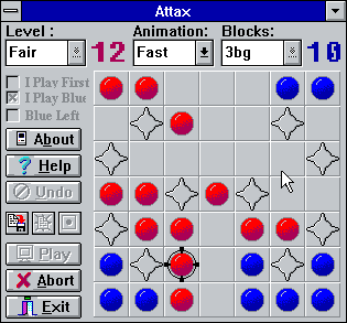 Attax95 (Windows 3.x) screenshot: A game in progress. I've selected one of my pieces