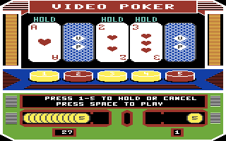 Las Vegas Video Poker (Commodore 64) screenshot: Attempting a straight flush...