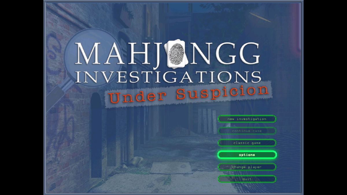 Mahjongg Investigations: Under Suspicion (Windows) screenshot: The title screen and menu