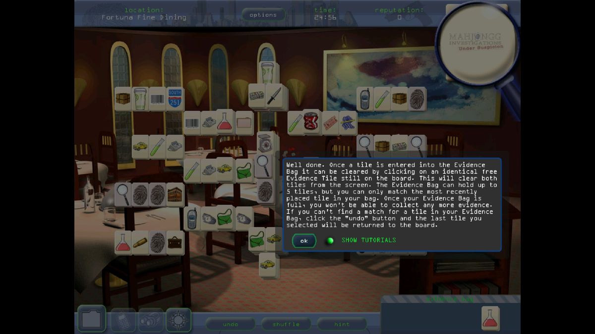 Mahjongg Investigations: Under Suspicion (Windows) screenshot: To be honest the tutorials do get in the way a bit