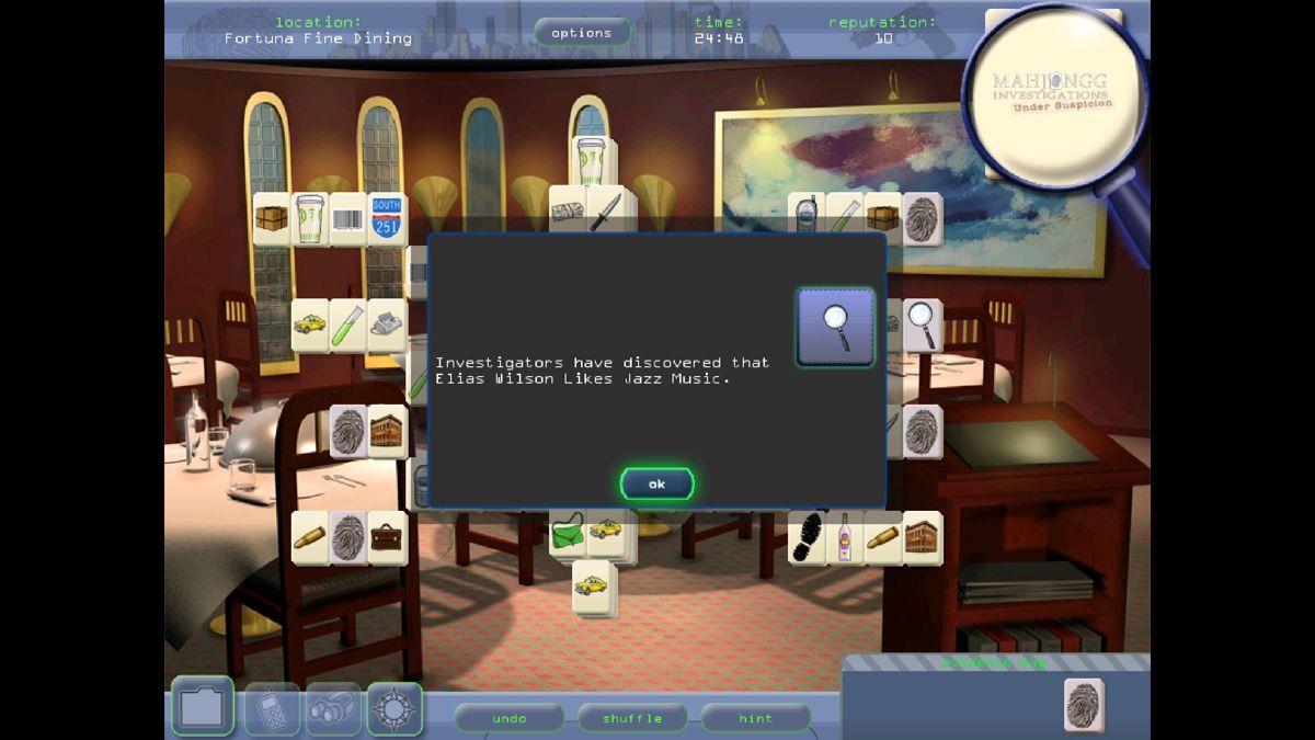 Mahjongg Investigations: Under Suspicion (Windows) screenshot: Matching key tiles, fingerprints, magnifying glasses etc, results in clues being added to the casebook
