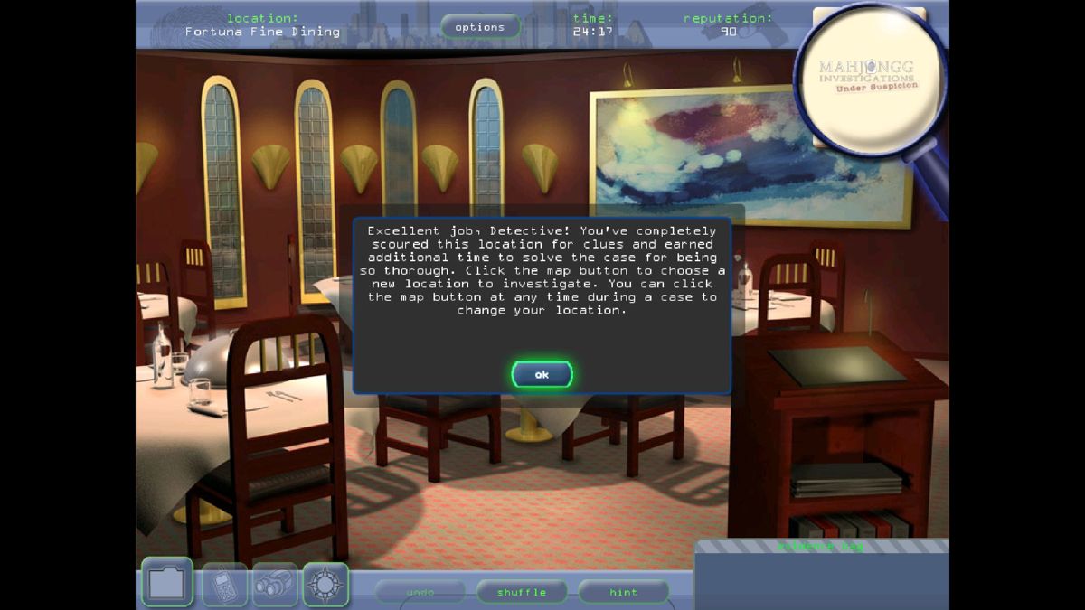 Mahjongg Investigations: Under Suspicion (Windows) screenshot: The end of the first investigation