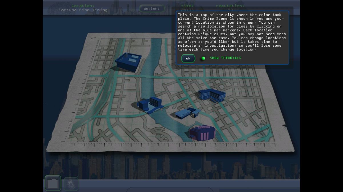 Mahjongg Investigations: Under Suspicion (Windows) screenshot: A map is used to move on to further investigations