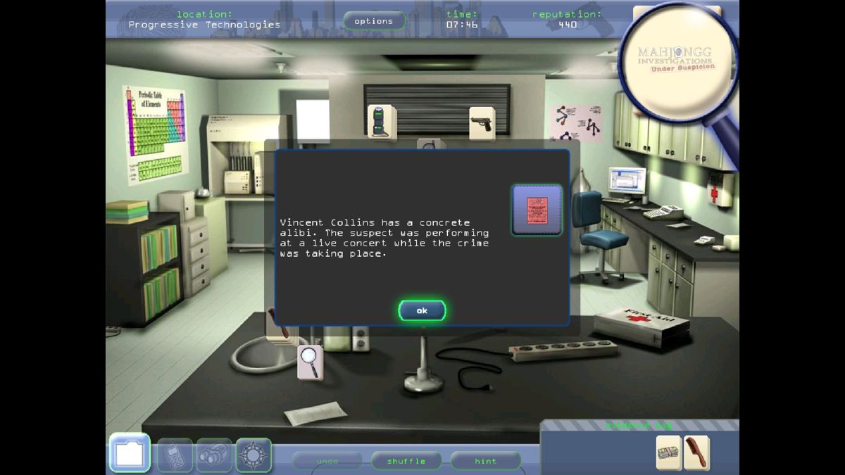 Mahjongg Investigations: Under Suspicion (Windows) screenshot: Matching two red tiles like this means that a suspect has an alibi and can be excluded from the investigation