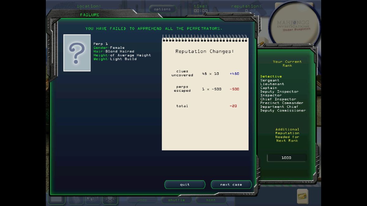 Mahjongg Investigations: Under Suspicion (Windows) screenshot: Demoted! When I went back to the main menu I started another investigation - the only way to replay this case is to set up a new player id.