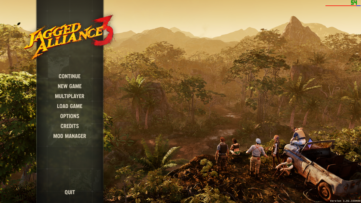 Jagged Alliance 3 (Windows) screenshot: The main menu changes depending on the region you enter and the mercs you hire.