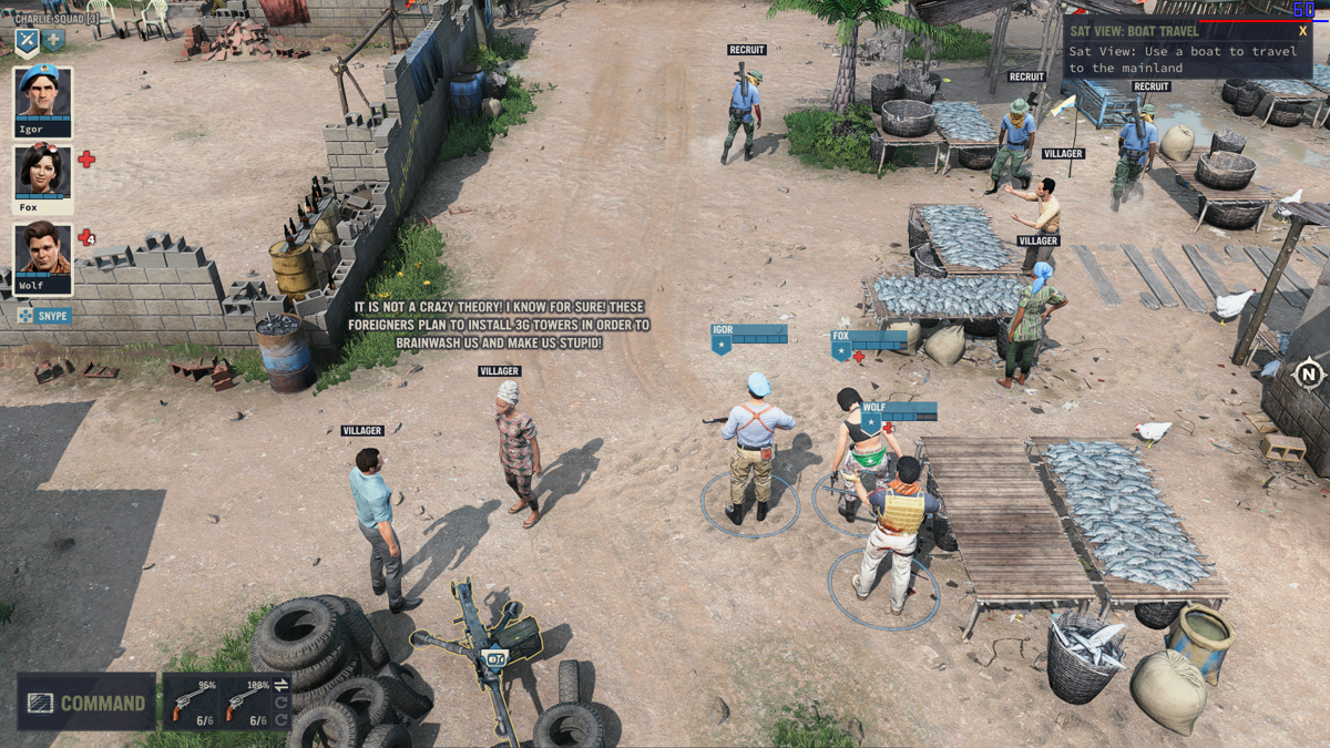 Jagged Alliance 3 (Windows) screenshot: Listening to locals conversing about... well.