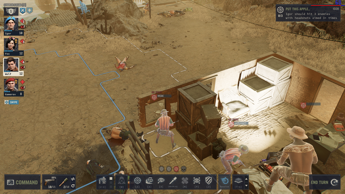 Jagged Alliance 3 (Windows) screenshot: The game makes use of a cover system and destructive environments. Enemies don't often fail an intelligence check when using them, but this one did.