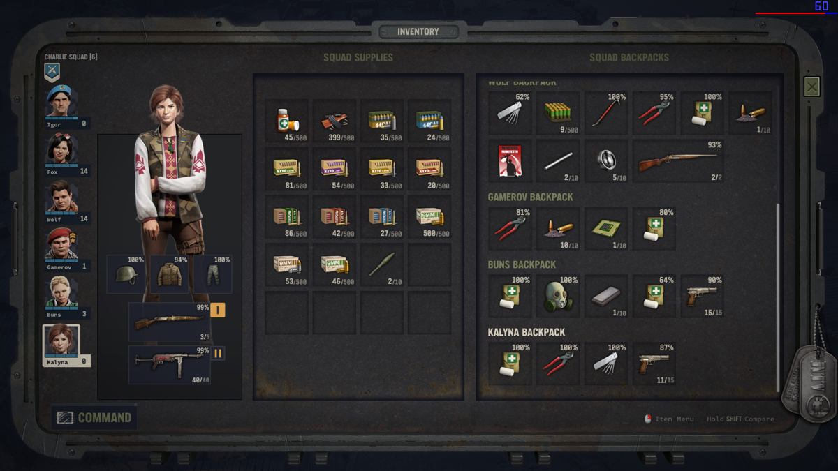 Jagged Alliance 3 (Windows) screenshot: The inventory is split between items held by individual mercs and those held as common (mostly ammo and healing herbs).
