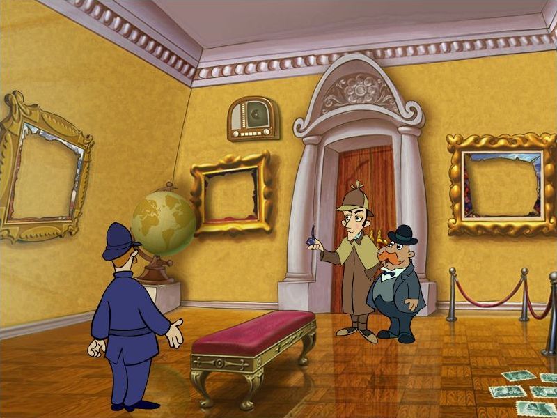 Sherlock Holmes: The Case of the Vanishing Thief (Windows) screenshot: Holmes and Watson arrive at the gallery where there's a lengthy introduction sequence. The radio on the wall adjusts the volume and the globe leads to a web site that's no longer there