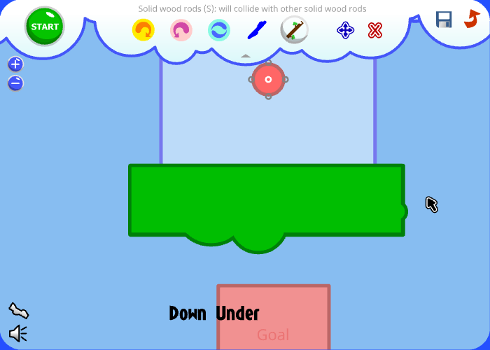 Fantastic Contraption (Browser) screenshot: You need to reach the goal area below the platform.