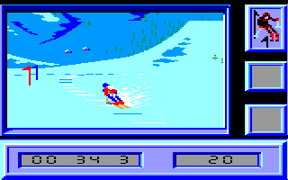 Downhill Challenge (Amstrad CPC) screenshot: Difficult turn in Slalom...