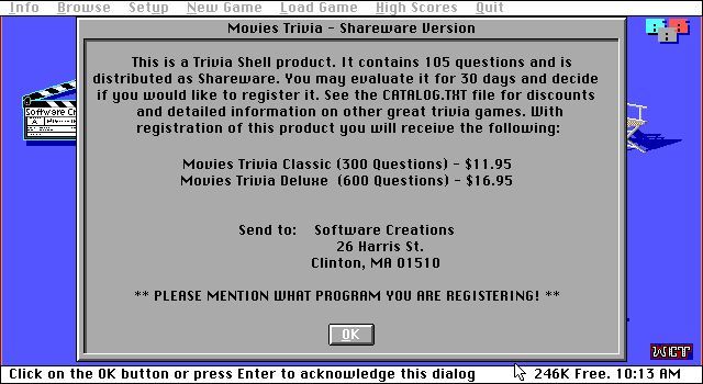 Movies Trivia (DOS) screenshot: The game starts with a reminder that this is shareware and that there are full versions to be had. This is shown before the title screen