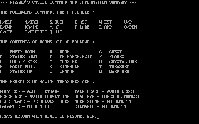 The Wizard's Castle (DOS) screenshot: Help screen.