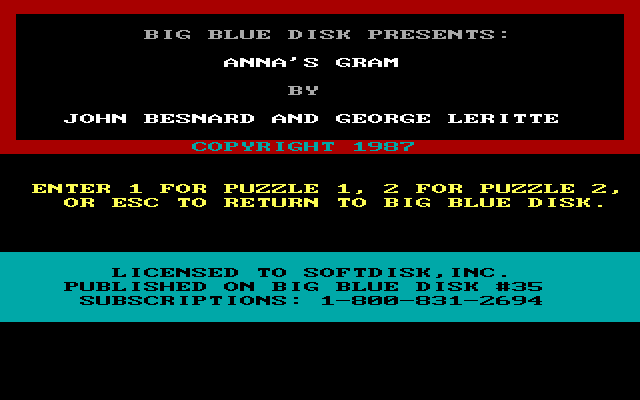 Anna's Gram (DOS) screenshot: Title screen for Anna's Gram #3 (from Big Blue Disk #35)