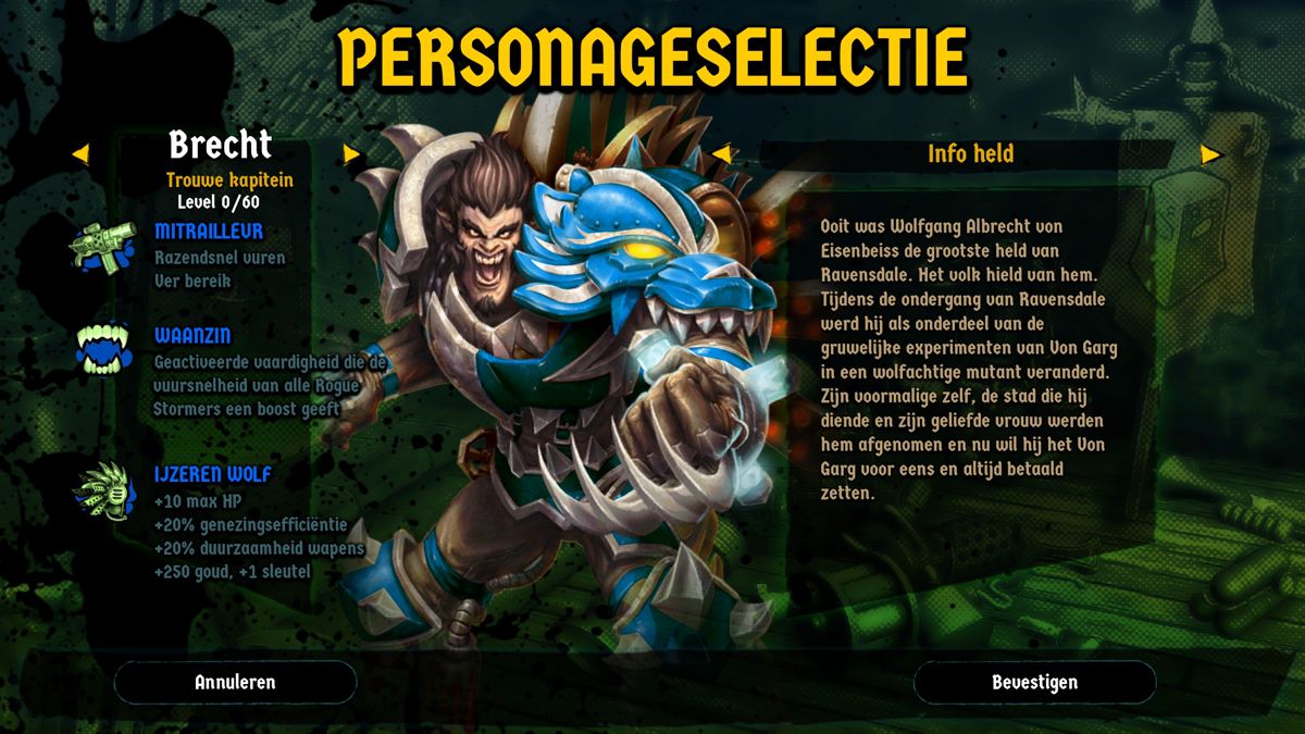 Rogue Stormers (Windows) screenshot: Character selection. Only one is available at the start, the others are unlocked gradually by progressing. (Dutch version)