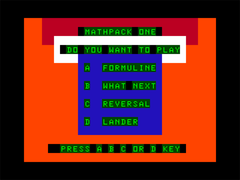 Dragon Digits Mathpack One (Dragon 32/64) screenshot: Main Menu