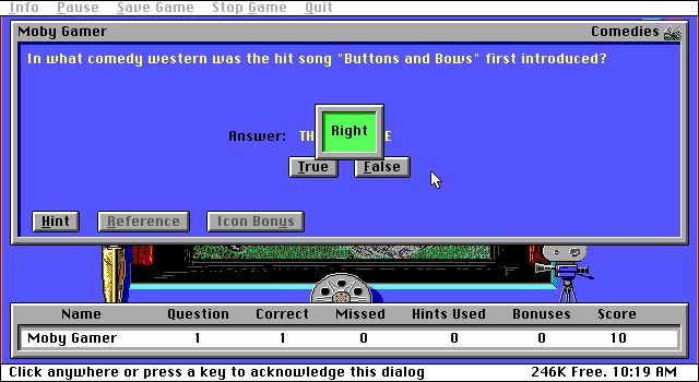 Movies Trivia (DOS) screenshot: An example of a question using the 'Beginner' difficulty setting