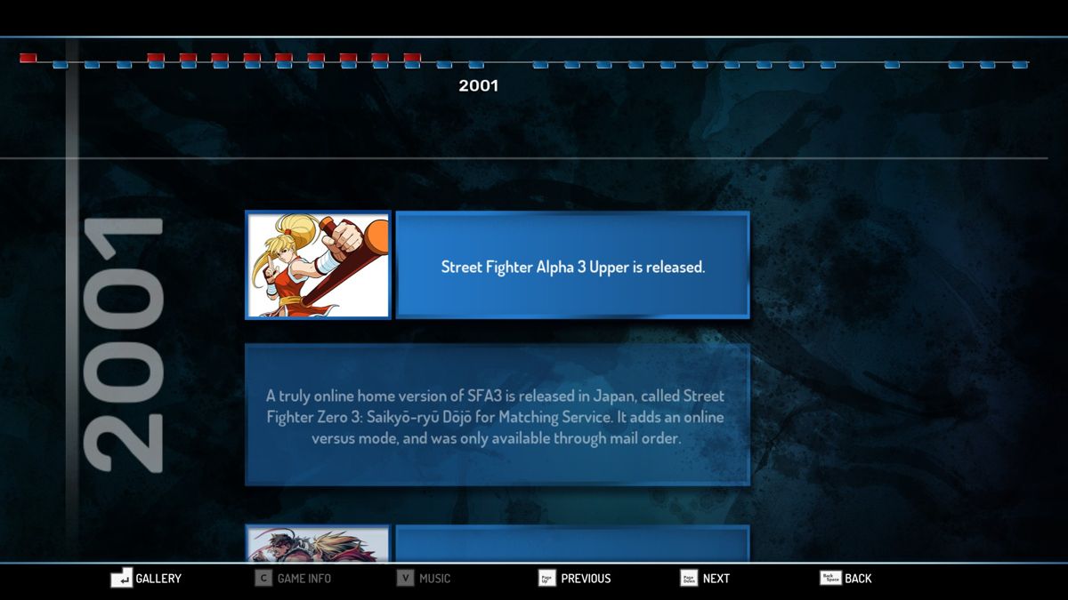 Street Fighter: 30th Anniversary Collection (Windows) screenshot: The History section shows a timeline of game releases, derived media, merchandise, etc. Conspicuous is the omission of the actual upgraded releases like Alpha 3 Upper mentioned here.