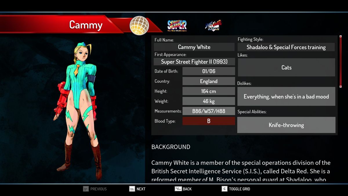Street Fighter: 30th Anniversary Collection (Windows) screenshot: The Characters menu allows looking up the lore of each character from the included versions of the games...