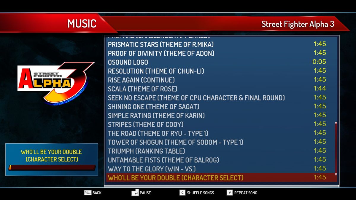 Street Fighter: 30th Anniversary Collection (Windows) screenshot: A music player is also provided, although in this day and age, a standalone soundtrack release in MP3 or FLAC formats would be preferrable.