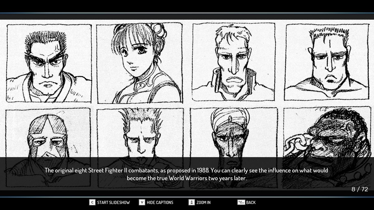 Street Fighter: 30th Anniversary Collection (Windows) screenshot: Street Fighter II concept images, with comments overlaid.