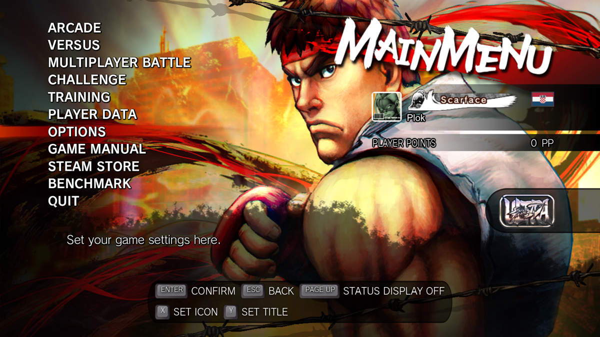 Ultra Street Fighter IV (Windows) screenshot: The main menu, now free from all Games for Windows Live integration.