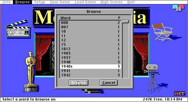 Movies Trivia (DOS) screenshot: The questions are held in a database which the player can browse and access randomly