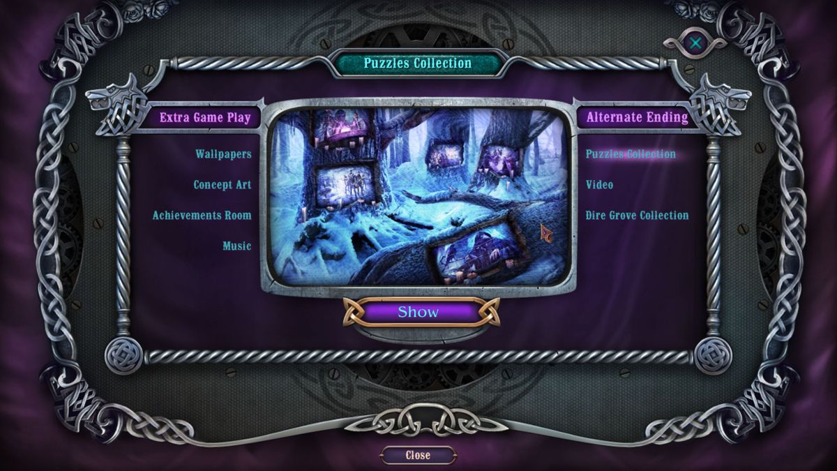 Mystery Case Files: Dire Grove, Sacred Grove (Collector's Edition) (Windows) screenshot: The Puzzle Collection: Throughout the game there are over eighty picture pieces to be collected. These can then be assembled to unlock the game's screensavers