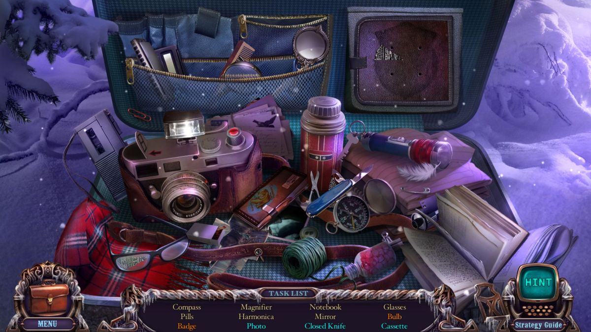 Mystery Case Files: Dire Grove, Sacred Grove (Collector's Edition) (Windows) screenshot: The first Hidden Object Puzzle. Items in blue need to be worked on, the knife needs to be closed; the cassette needs to be ejected etc. The items in orange need to be assembled