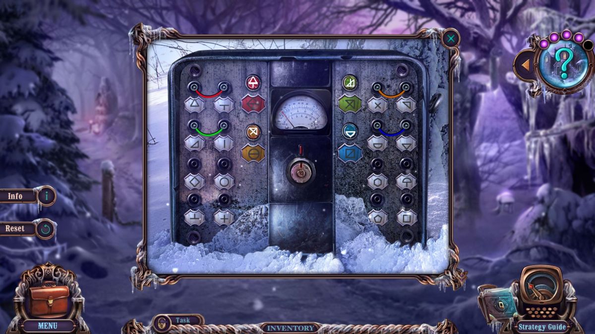 Mystery Case Files: Dire Grove, Sacred Grove (Collector's Edition) (Windows) screenshot: There are lots of puzzles. The INFO button explains them, the Strategy Guide shows exactly ow to complete them and if all that fails the SKPI button will eventually charge up