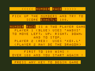 Fun Maths I (Dragon 32/64) screenshot: Number Race: Instructions