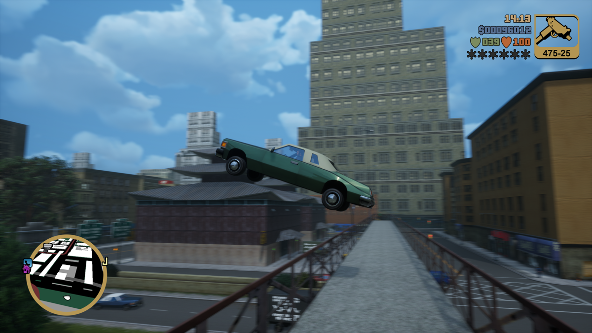 Grand Theft Auto: The Trilogy - The Definitive Edition (Xbox Series) screenshot: GTA III - Performing a stunt over a pedestrian bridge.