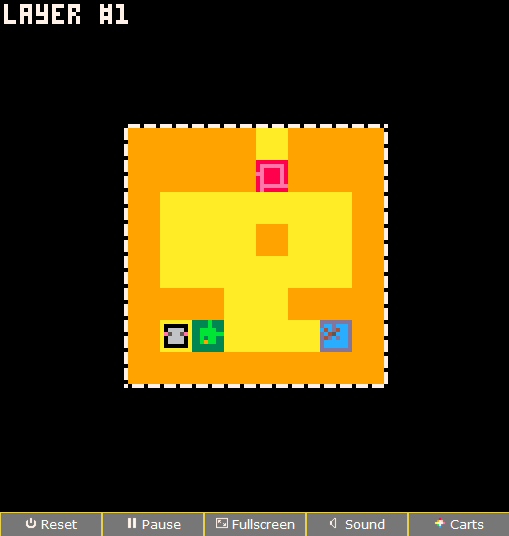 Sokosoko (Browser) screenshot: Start of the game: there are three boxes, but each box also contains its own layer you can enter.