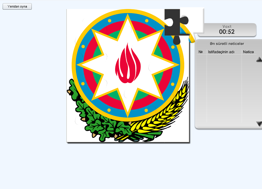 "Azərbaycan Respublikasının dövlət rəmzlərı" oyunu (Browser) screenshot: Completed puzzle.