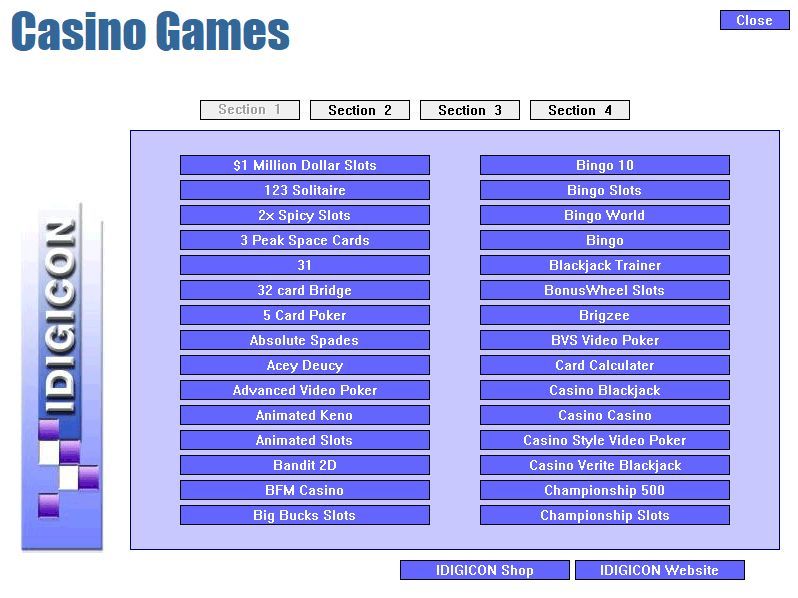 Casino/Board Games (Windows) screenshot: The first screen of the Casino Games menus